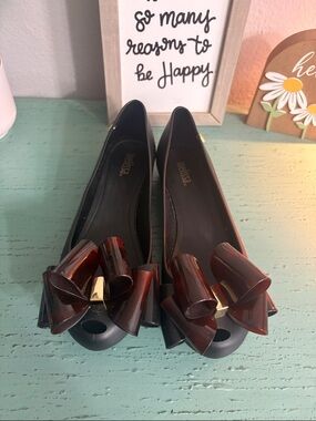 Melissa Black Flats with Dark Brown Tortoiseshell Bow